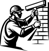 Painter Applying Fresh Coat to Brick Wall for Renovation and Home Improvement Projects vector