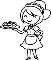 Cute Bakery Waitress Holding Plate of Cupcakes Cartoon Character for Coloring and Tattoo Design vector