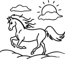 Elegant Prancing Horse in a Scenic Landscape with Clouds and Sun for Coloring and Tattoos vector