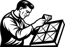 Craftsman Focusing on Framing Artwork with Precision and Care for Home Decor Design vector