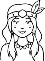 Smiling Native American Girl Wearing Feathered Headband in Portrait Style for Coloring Pages vector
