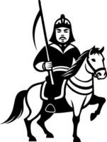Mounted Warrior with Spear in Traditional Armor Riding Horse vector