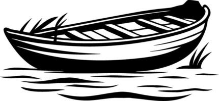 Serene Vintage Rowboat Floating on Calm Water with Lush Grass Detailing for Artistic Projects vector