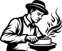 Skilled Artisan Creating Ceramics with Heat and Precision in Black and White Graphic Style vector