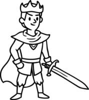 Brave Cartoon Prince with Sword and Cape Character Illustration for Kids Coloring Book vector