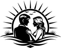 Romantic Silhouette of Couple Embracing at Sunset with Rays and Waves for Love Theme Designs vector