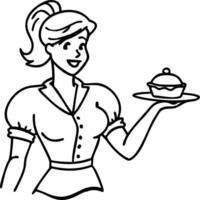 Cheerful Woman Serving Delicious Dessert in Vintage Style Ideal for Baking Enthusiasts vector