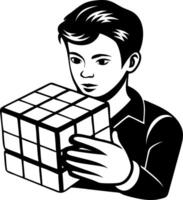 Boy Solving Rubiks Cube Engaging Brain Teaser and Logic Puzzle Art for Educational Designs vector