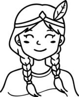Cheerful Girl with Braids and Feather for Coloring Pages and Tattoo Designs vector