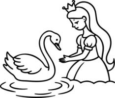 Princess Interacting with Majestic Swan in Serene Water Scene for Coloring and Tattoo Design vector