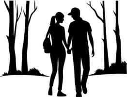 Silhouette Couple Walking Hand in Hand Through Forest Pathway Relaxed Romantic Love Scene vector