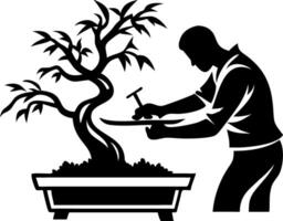 Bonsai Tree Care Silhouette with Enthusiastic Gardener Pruning Decorative Plant Art vector