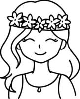 Happy Girl with Flower Crown Smiling Portrait Ideal for Coloring and Tattoo Designs vector