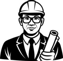 Professional Engineer Holding Blueprint with Safety Helmet in Stylish Black and White Illustration vector