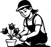 Gardener Nurturing Flowers in Pot with Garden Tool for Eco-Friendly Lifestyle Art vector