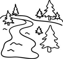 Serene River Scene with Pine Trees Perfect for Nature Inspired Designs and Coloring Books vector