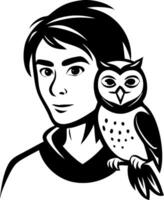 Stylized Boy Portrait with Owl Companion Featuring Bold Black Lines for Unique Design Uses vector