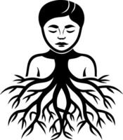 Meditative Figure with Rooted Tree Branches Symbolizing Inner Growth and Connection vector