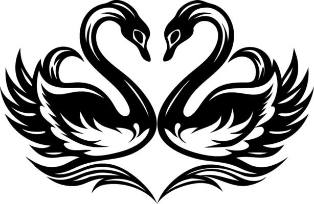 Elegant Twin Swans with Intricate Feather Design Perfect for Tattoo and Decorative Art