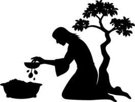 Silhouette of a Person Pouring Water from Bowl into a Pot Under a Tree vector