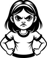 Angry Girl Character with Hands on Hips Strong Expression Cartoon Style Black Outline vector