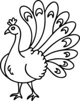 Elegant Outline of a Peacock with Detailed Feathers Ideal for Tattoo Design and Coloring Book vector