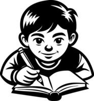 Happy Boy Writing in Open Book with Pencil Design for Educational Themes vector