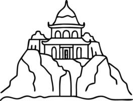 Mountain Temple with Waterfall Minimalist Line Art for Tattoo Design and Coloring Pages vector