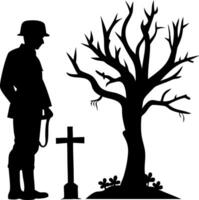 Silhouette of Soldier Paying Tribute at Grim Tree and Grave Symbolizing Loss and Remembrance vector