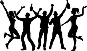 Dynamic Celebration Silhouettes of Friends Joyfully Holding Bottles and Dancing Together vector