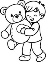 Joyful Child Embracing Teddy Bear Ideal for Coloring Pages and Childrens Designs vector