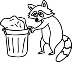 Raccoon Digging Through Trash Can Playful Animal Illustration for Kids Coloring Book vector