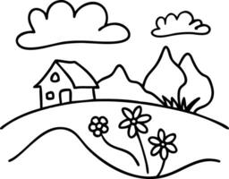 Charming Countryside Landscape with House Flowers and Mountains Ideal for Coloring and Crafts vector