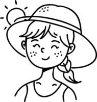 Cute Smiling Girl with Sun Hat and Freckles for Coloring Book and Tattoo Design vector