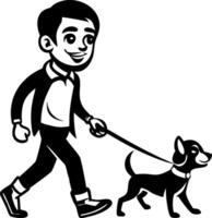 Cheerful Boy Walking a Small Black Dog on a Leash in a Playful Illustration Style vector