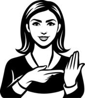 Woman Pointing to Palm with Smile Representing Communication and Presentation Skills vector