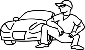 Cool Car Enthusiast Posing Beside Sporty Vehicle for Posters Merchandise and Illustrations vector