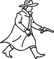 Cowboy in Duster Jacket with Revolver Walking Silhouette for Tattoo and Coloring Book Design vector
