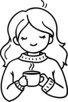 Cozy Woman Enjoying Warm Coffee in a Sweater Line Art Design for Coloring Books and Illustrations vector