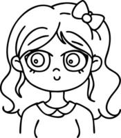 Cute Cartoon Girl Character with Bow and Big Eyes in Outline Style for Coloring and Design Projects vector