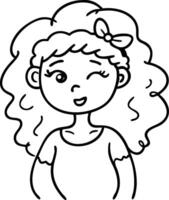 Cute Cartoon Girl with Curly Hair and Bow Winking Happy Expression for Coloring Activities vector