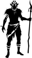 Mysterious Warrior Character with Spear and Tribal Mask Ideal for Fantasy Art and Tattoo Design vector