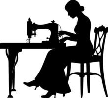 Silhouette of a Woman Sewing at a Vintage Sewing Machine for Craft and Fashion Design vector