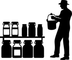 Silhouette of a Farmer with Milk Cans Against a Shelf Design for Vintage Farm Illustrations vector