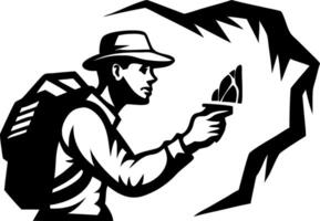 Explorer with a Backpack Investigating a Cave Wall Using a Flashlight in Dark Environment vector