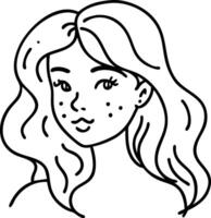 Playful Line Art Portrait of a Young Woman with Freckles and Flowing Hair for Creative Projects vector