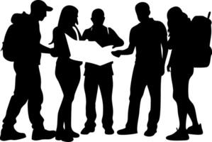 Group of Travelers Looking at Map Silhouette Illustration for Adventure Planning vector