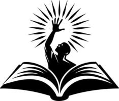 Inspiring Figure Emerging from Open Book with Rays of Light Symbolizing Knowledge and Growth vector