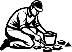 Construction Worker Laying Tiles with Trowel and Bucket for Home Renovation Projects vector