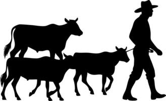 Farmer Walking with Cows Silhouette for Agricultural Themes and Creative Projects vector